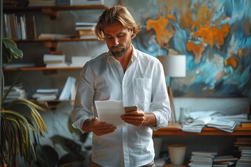 Fototapeta premium Man in White Shirt Reading Paperwork in Home Office