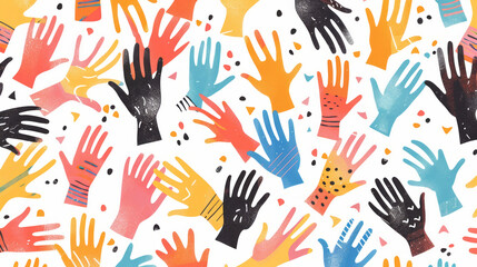 An illustration of raised fists of different skin tones on a white background symbolizes unity and diversity