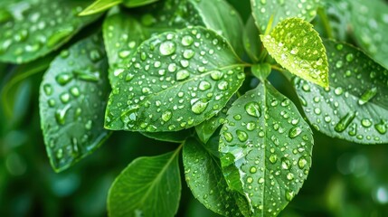 glistening raindrops on leaves macro view of water droplets clinging to vibrant green foliage nature background photo