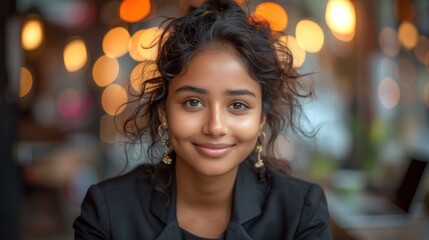 Obraz premium Young woman smiling in a cafe setting
