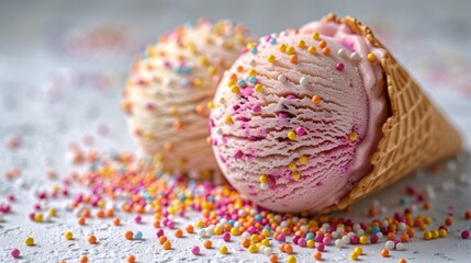 Two scoops of ice cream, one pink and one white, with sprinkles on top