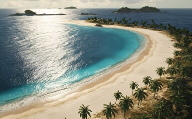 Beach with trees and sea under a sunny sky, summer