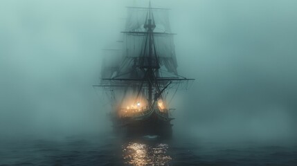 Fototapeta premium A Tall Ship Sailing Through Dense Fog at Sea