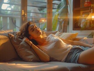 Obraz premium A person relaxing on a sofa, eyes shut