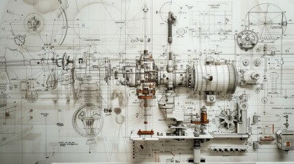 Drawings, formulas, mechanisms on a white background