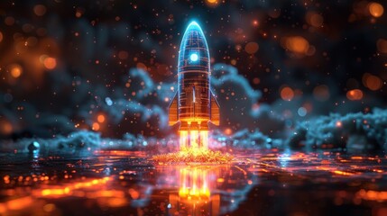 A futuristic rocket takes flight amidst a sea of sparkling particles