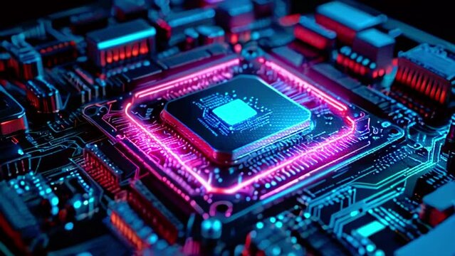 A close up of a computer processor with glowing pink and blue lights.