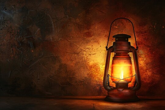 Vintage lantern with a warm glow on a dark brown background nostalgic and cozy open space around for text