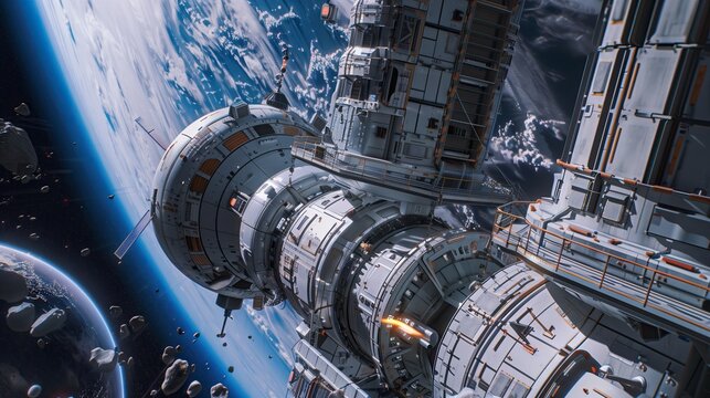 Exterior of space station, Lumen global illumination, Raytrace global illumination, Complex, Hyper-maximalistic, Elegant, Extremely realistic, Super detailed
