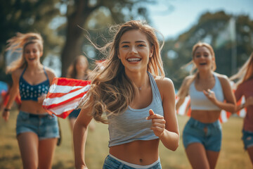 Happy young female teenages group students running together with USA American flag.