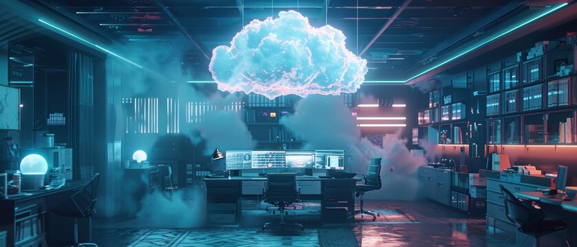 A digital cloud hovering over a futuristic workspace