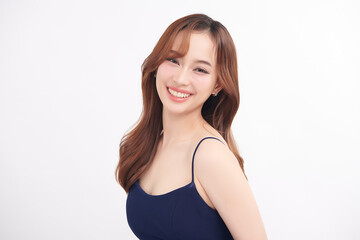 Fototapeta premium Beautiful young asian woman with clean fresh skin on white background, Face care, Facial treatment, Cosmetology, beauty and spa, Asian women portrait.