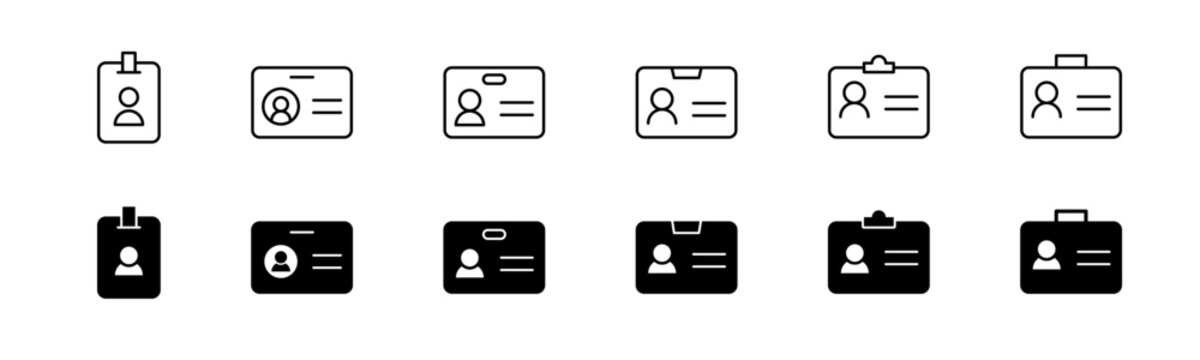 ID card icon set. Line and glyph ID card badge. Pass card identity