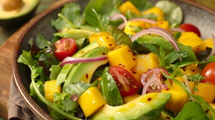 Refreshing Tropical Mango Salad with Mixed Greens, Cherry Tomatoes, and Avocado for Summer Delights