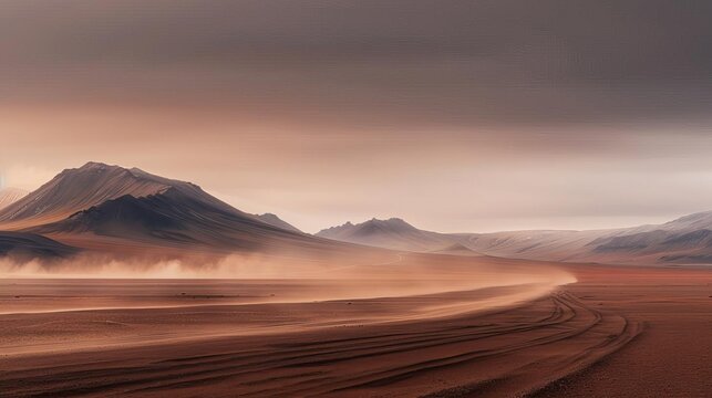 A dusty road winds through a desolate, mountainous desert landscape.