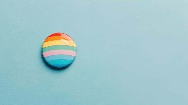 Rainbow-colored button on blue background, symbolizing pride and inclusivity