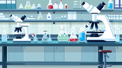 Laboratory with Microscope and Chemicals.