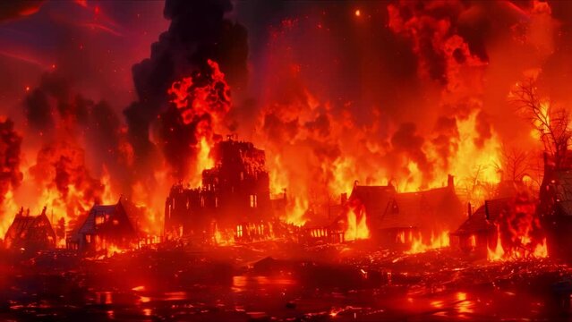 Viking barbarians attack a medieval village engulfed in flames in 3D. Concept Action, Adventure, 3D Animation, Viking Barbarians, Medieval Village