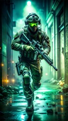Naklejka premium Special forces operative clad in tactical gear, face obscured by a night vision goggles, creeping through a dimly lit urban landscape, scattered debris casting long shadows, night vision goggles 