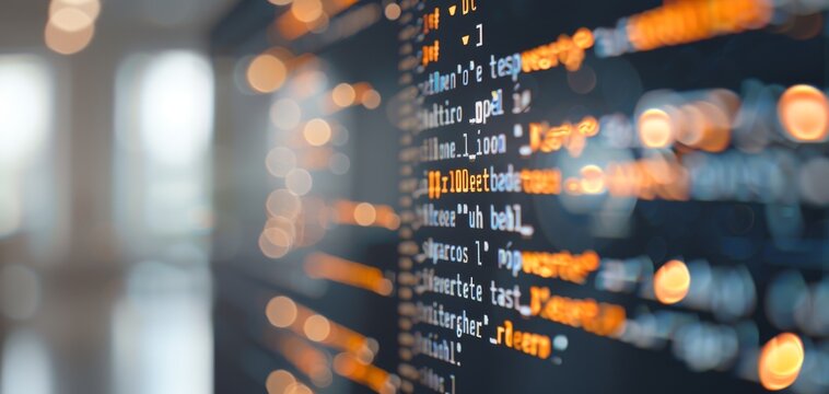 Coding and software development with computer code on screen are depicted in this abstract digital background, ideal for tech concepts in web design and digital projects.
