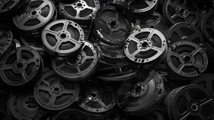 Fototapeta premium Film reels and cans. Video, movie, cinema concept. 3d illustration