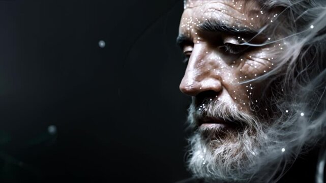 Silver dots and lines on dark background form wise elder mans face. Concept Conceptual Art, Abstract Portraits, Elderly Wisdom, Silver Design, Dark Background
