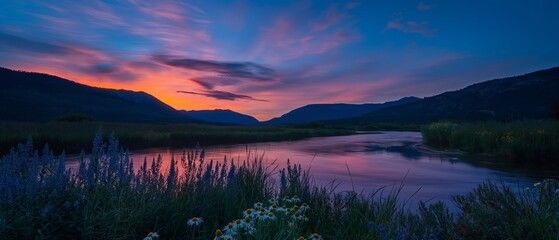 A beautiful sunset over a lake with a field of wildflowers