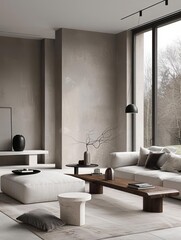 Minimalist living room with white sofa, wooden coffee table, and large windows.
