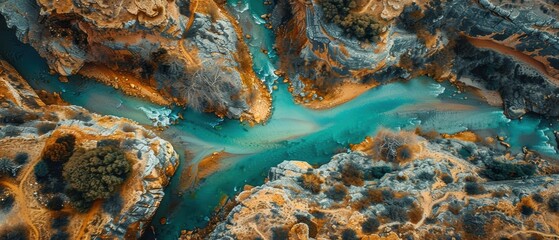 A dramatic aerial view of a winding river through a canyon
