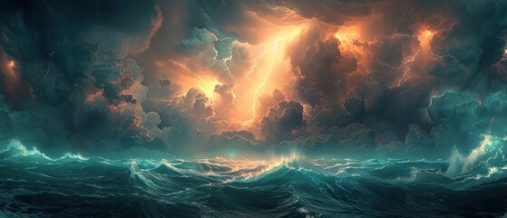A dramatic image of a thunderstorm over a vast ocean, with dark clouds, lightning, and rough waves