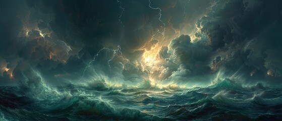 A dramatic image of a thunderstorm over a vast ocean, with dark clouds, lightning, and rough waves