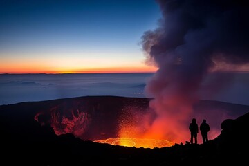 Fototapeta premium Two people observe a lava flow from a safe distance, smoke and fog fill the air.