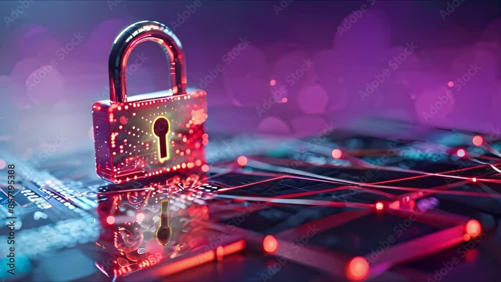 Poster securing computing systems: a digital padlock symbolizing cybersecurity and data protection against 