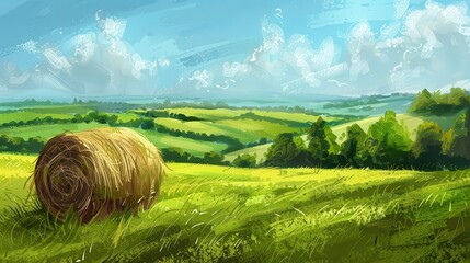 idyllic countryside landscape with solitary roll of hay on vibrant green grassy field tranquil rural scene digital painting
