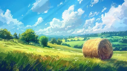 idyllic countryside landscape with solitary roll of hay on vibrant green grassy field tranquil rural scene digital painting