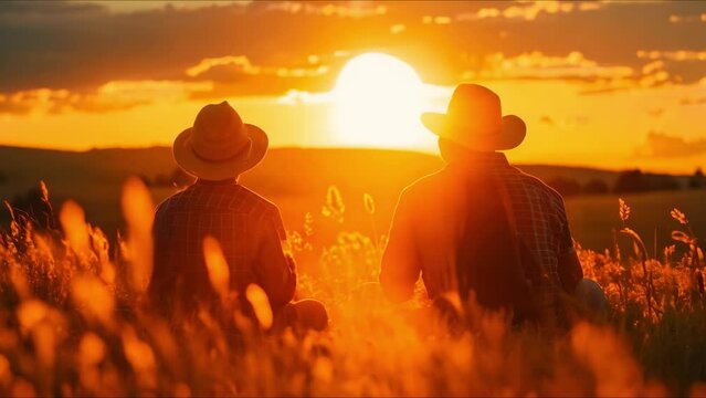 Father and son soak in beautiful sunset on their farm land. Concept Family Bonding, Sunset Photography, Farm Life, Father and Son, Timeless Moments