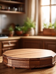  Kitchen podium background food product stand table pedestal display wooden platform. Empty podium counter wood background kitchen board desk restaurant top white light marble presentation interior. 