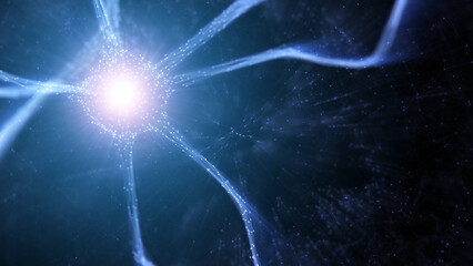 Artistic blue colored shining neuron cell in the brain on dark illustration network background. Selective focus used.	
