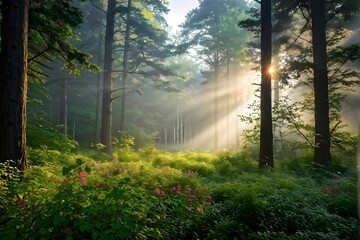 Obraz premium fog covered forest in summer with mystic golden sunlight