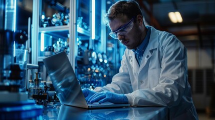 Scientist in lab coat working on laptop in a laboratory.