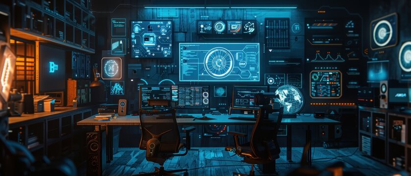 A futuristic workspace with AI-powered tools and interfaces