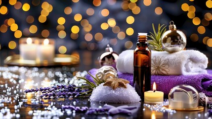 A serene spa setup with essential oils, candles, towels, and holiday decorations, creating a relaxing atmosphere with a festive touch.