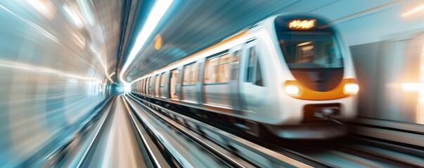 Obraz premium futuristic light speed motion blur of train in the tunnel, blue color theme, Tokyo city background