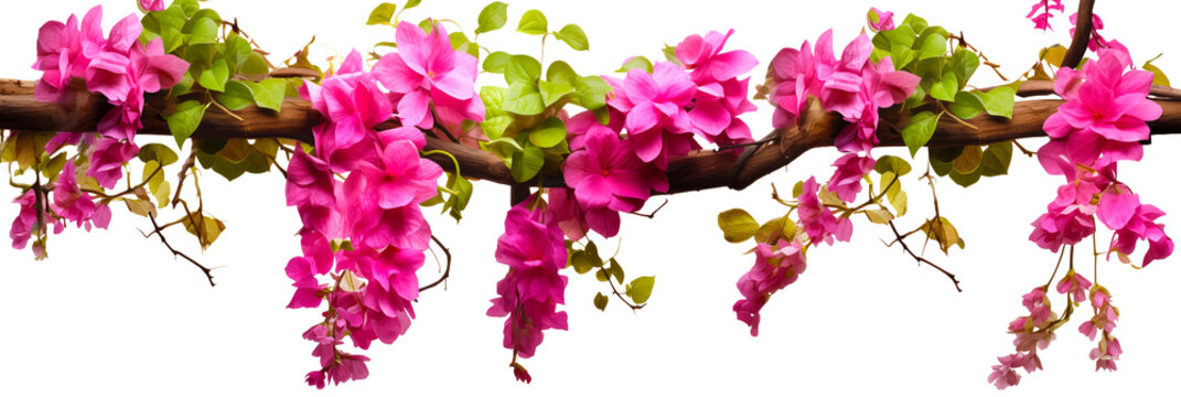 flores colgadas de vigas de madera.
Hermosas flores de buganvilla colgantes y hojas verdes sobre una barra de madera aislada sobre un fondo transparente, en formato de archivo PNG con fondo blanco