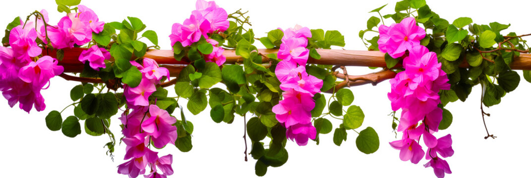 flores colgadas de vigas de madera.
Hermosas flores de buganvilla colgantes y hojas verdes sobre una barra de madera aislada sobre un fondo transparente, en formato de archivo PNG con fondo blanco