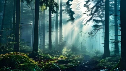 Obraz premium fog covered forest in summer with mystic golden sunlight
