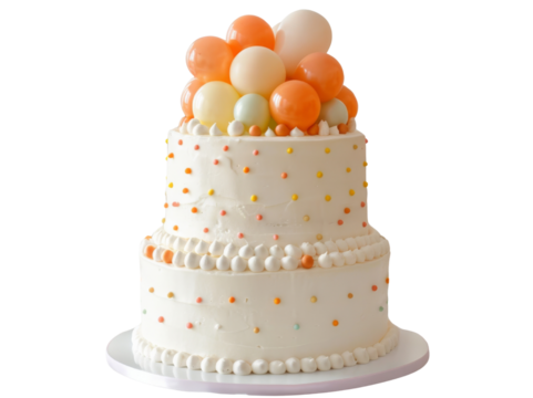 Festive Celebration Cake, Balloon decorations, Colorful dots, Whimsical design Clipart.
Two-Tier Party Cake, Orange and white balloons, Polka dot icing, Fun and cheerful.