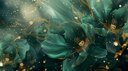 Luxurious emerald green and deep gold layers semi-transparent florals festive feel background