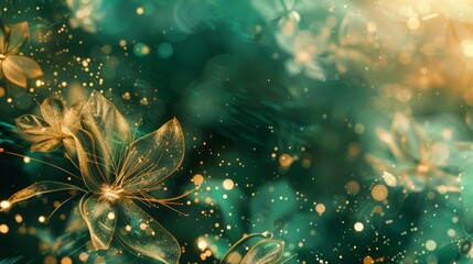 Fototapeta premium Emerald green and deep gold layers delicate floral motifs elegant festive vibe background