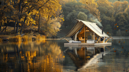 a floating luxury tent set up on a calm lake. The tent is designed to float on water, with a stable base and anchoring system. 